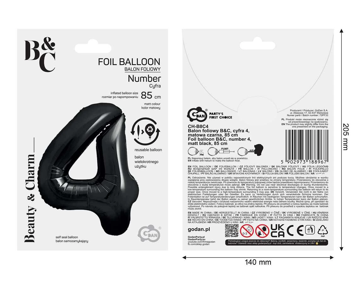 Balon foliowy B&C, cyfra 4, matowa czarna, 85 cm
